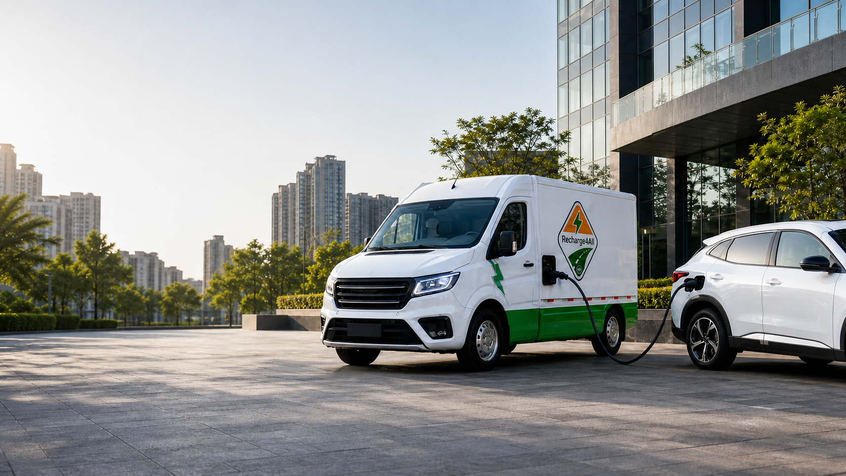 Recharge4All mobile charging van connected to an electric SUV