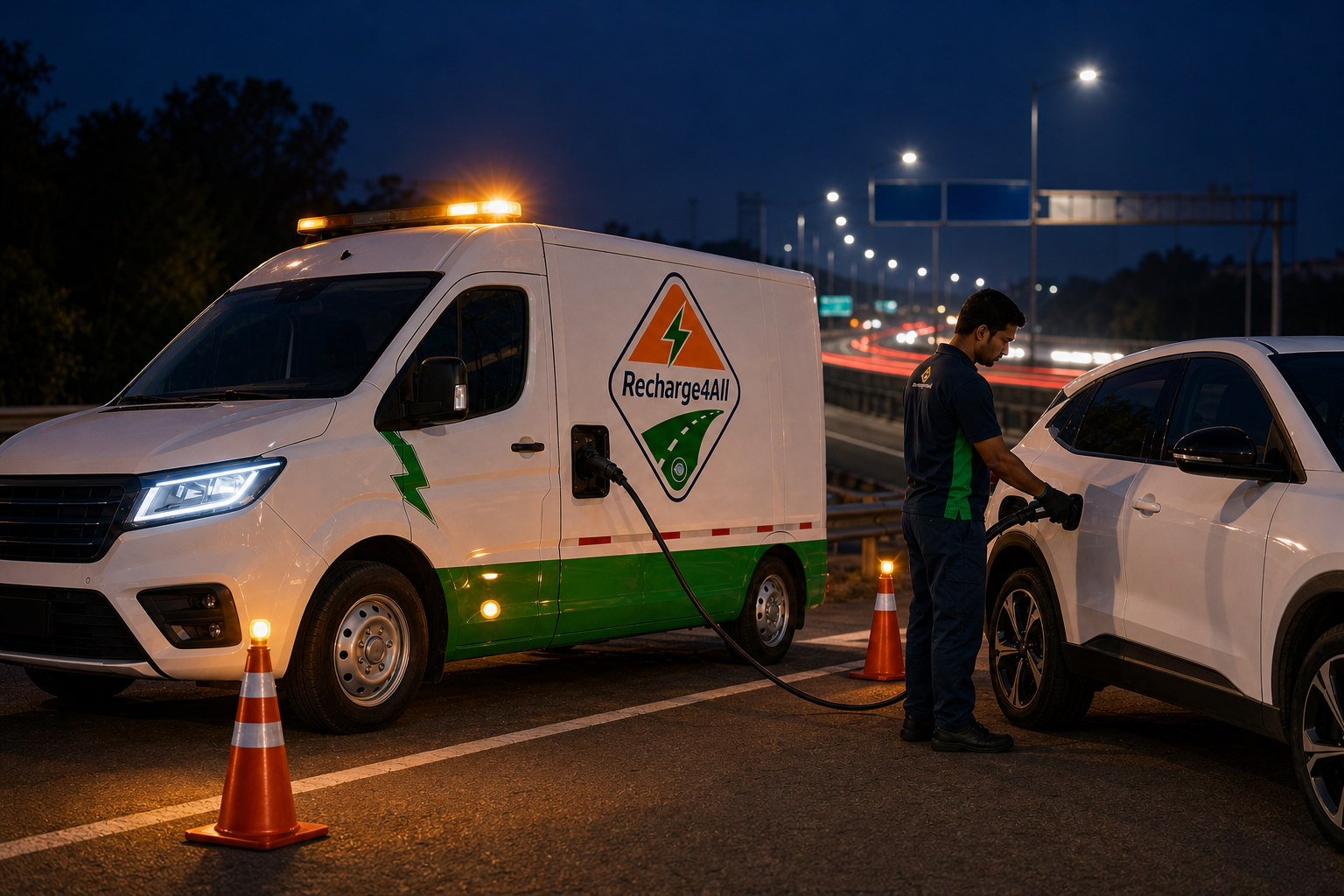 Recharge4All technician providing emergency mobile EV charging on a highway